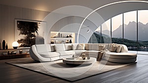 Ultra-modern living room with a sofa design, coffee table, and rug, AI Generated