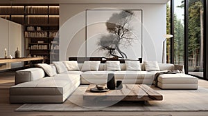 Ultra-modern living room with a sofa design, coffee table, and rug, AI Generated