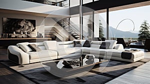 Ultra-modern living room with a sofa design, coffee table, and rug, AI Generated