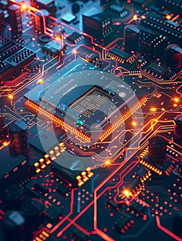 An ultra-modern microprocessor on a motherboard, surrounded by intricate data streams and glowing light effects