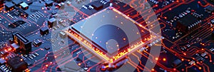 An ultra-modern microprocessor on a motherboard, surrounded by intricate digital data streams and glowing light effects