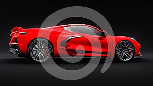 Ultra-modern red super sports car with a mid-engine layout on a black background. 3d illustration.