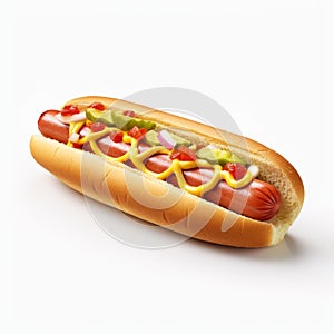 Ultra Realistic 4k Hotdog With Toppings On White Background