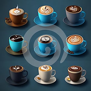 Ultra-realistic art of a variety of coffees on a table.