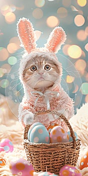 Ultra-realistic cat-bunny with a basket of Easter eggs.