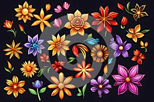 ultra-realistic 3D floral elegance: vibrant blooms on black photo