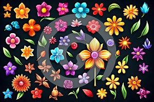 ultra-realistic 3D floral elegance: vibrant blooms on black photo