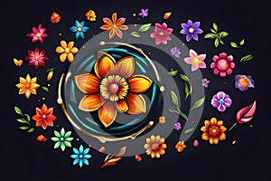 Ultra Realistic 3D Render: Exquisite Colored Flowers on Black Background photo