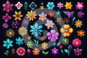 Ultra-Realistic 3D Render: Exquisite Colored Flowers on Black Background photo