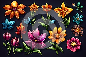 Ultra-Realistic 3D Render: Exquisite Colored Flowers on Black Background photo