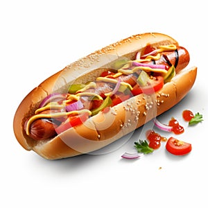 Ultra Realistic Hotdog With Meat And Vegetables On Isolated White Background