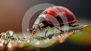 Vibrant ladybug on a dewy leaf. Generated Ai