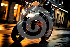 A ultra realistic motorcycle speeding through a city night