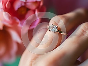 a amazing delicate flowers a woman wears a ring on her finger.Generative AI photo