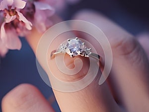 a amazing delicate flowers a woman wears a ring on her finger.Generative AI photo