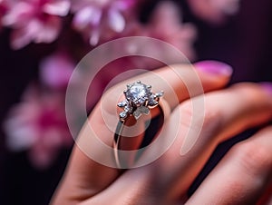 a amazing delicate flowers a woman wears a ring on her finger.Generative AI photo