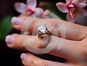 a amazing delicate flowers a woman wears a ring on her finger.Generative AI photo