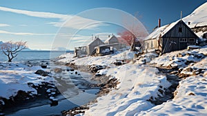 Ultra Realistic Winter Scene: Snow Covered Houses On Arctic Beachfront