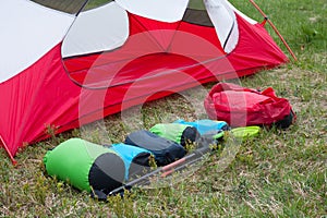 Ultra-sil dry sacks, trekking sticks, open inner tent body without rainfly, in the morning in mountain pass in Mala Fatra
