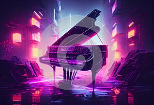 Ultra vilolet color Piano standing in futuristic city street with neon lights illumination. Cyberpunk musical concept of piano in