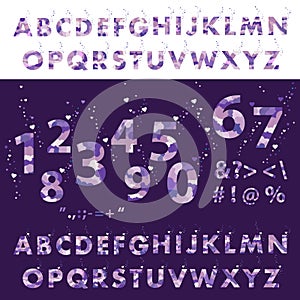 Ultra violet background. Hand written alphabet lettering. Vector set of letters.