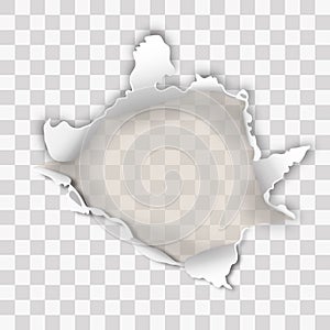 Ultra violet torn paper with ripped edges and rooled up sides, round shaped hole isolated on transparent background realistic