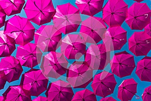 Ultra violet umbrellas flying through the air