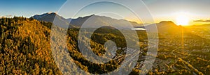 Ultra wide angle aerial panorama photo of the Chilliwack city that seats in the Fraser Valley in British Columbia, Canada