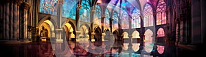 Ultra-wide background of an awe-inspiring cathedral adorned with prismatic luminescent glass