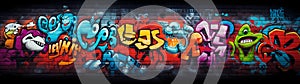 Ultra-wide background of a brick wall covered in vibrant graffiti art