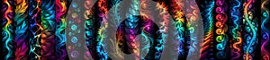 An ultra-wide collage of vibrant RGB fractal designs