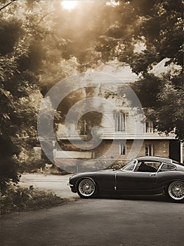 Ultra wide photo of black vintage sports car, high speed motion blur photography, high details, silver chromes, perfect wheels,