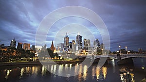 Ultra wide view of the yarra river in melbourne at dusk