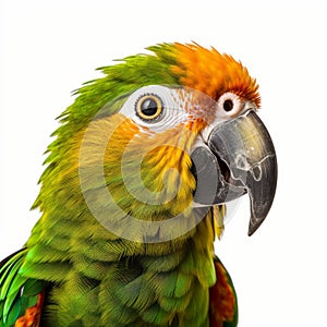 Ultradetailed Photo Of A Green And Orange Parrot On White Background