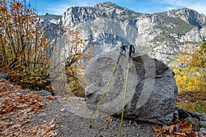 Ultralight Hiking Poles and Scenic landscape of Yosemite Granite Cliff