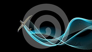 Ultralight plane from bottom with blue wave on black. Illustration background with copy space