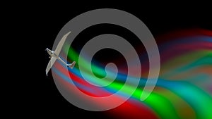 Ultralight plane from bottom with colorful wave on black. Illustration background, banner with copy space