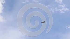 Ultralight small propeller-driven private jet flying in the sky with clouds over the airfield. Rear view of a turboprop aircraft t