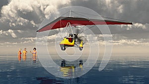 Ultralight trike over the sea and bathing women photo