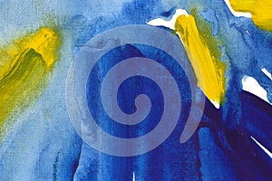 Ultramarine and yellow hand drawn watercolour painting. Modern blue and indigo blending raster illustration.