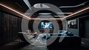 Ultramodern home theatre cinema room with projector screen in the middle, architecture photography. Generative AI
