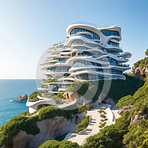 Ultramodern hotel building on the seashore, parametric architecture. Generative AI