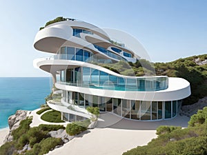 Ultramodern hotel building on the seashore, parametric architecture. Generative AI