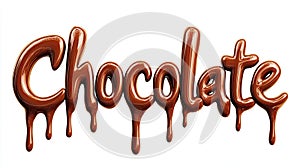 3D typography of the word \'Chocolate\' in a glossy, melted chocolate style with chocolate pieces on a white background photo