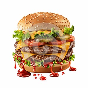 Ultrarealistic double cheeseburger with ketchup on a white background