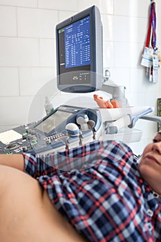 Ultrasonography findings for a pregnant woman are on monitor screen, observation ward