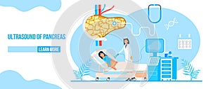 Ultrasound of pancreas doctors examine, treat pancreatitis. Stethoscope, calendar are on blue background. Health care flat concept