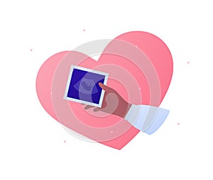 Ultrasound pregnancy diagnostic concept. Vector flat illustration. Female hand hold photo with baby in womb. Heart shape on