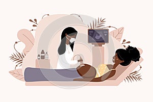 Ultrasound pregnancy screening concept. Female doctor in medical uniform scanning mother. African girl with belly