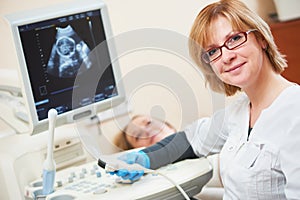 Ultrasound scan. Pregnancy. Gynecologist checking fetal life with scanner.